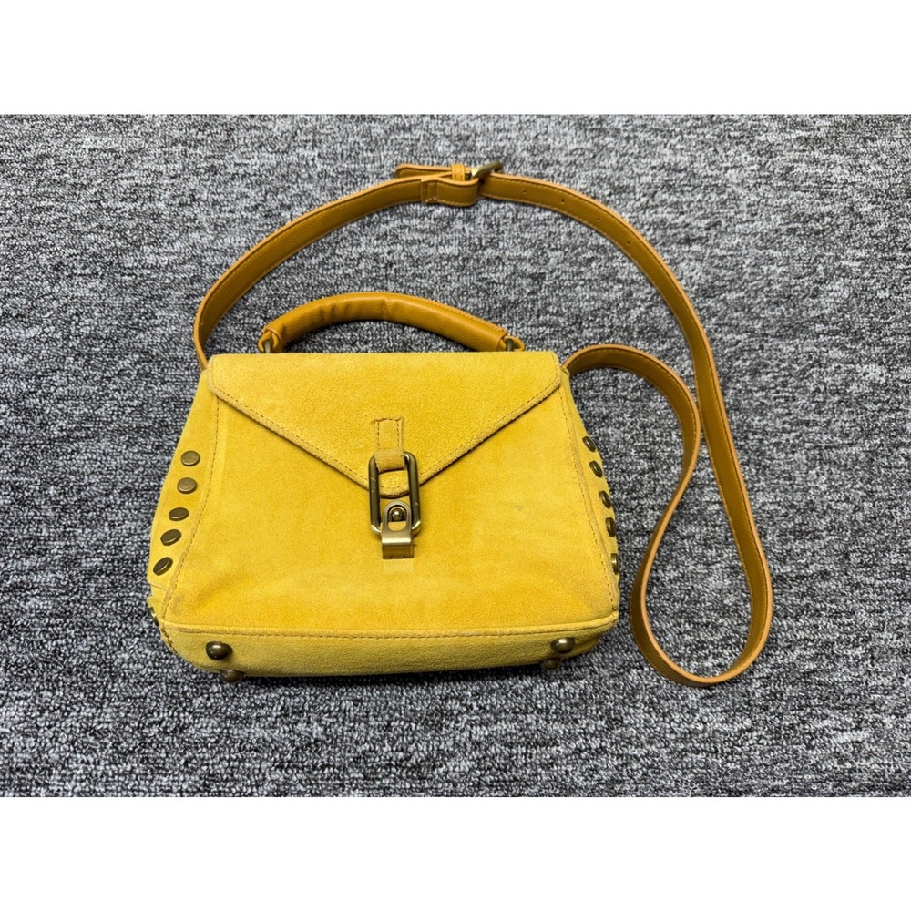 Lionel Mustard Yellow Suede Studded Crossbody Satchel Bag Antique Brass Hardware